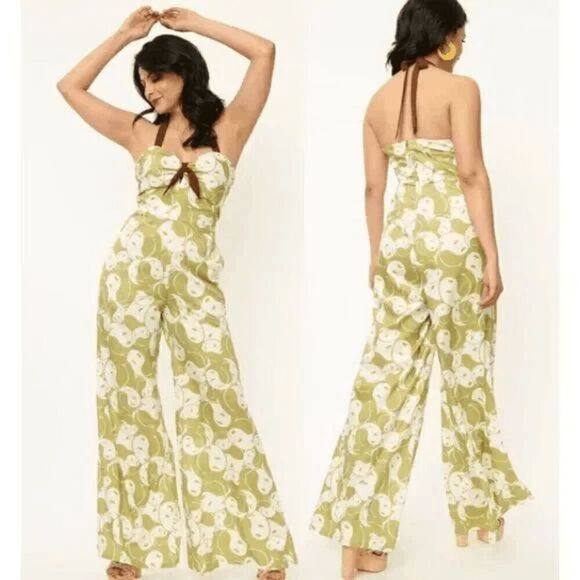 Unique Vintage x Smiley® Green Yin Yang Print Halter Wide Leg Jumpsuit L - Picture 1 of 7